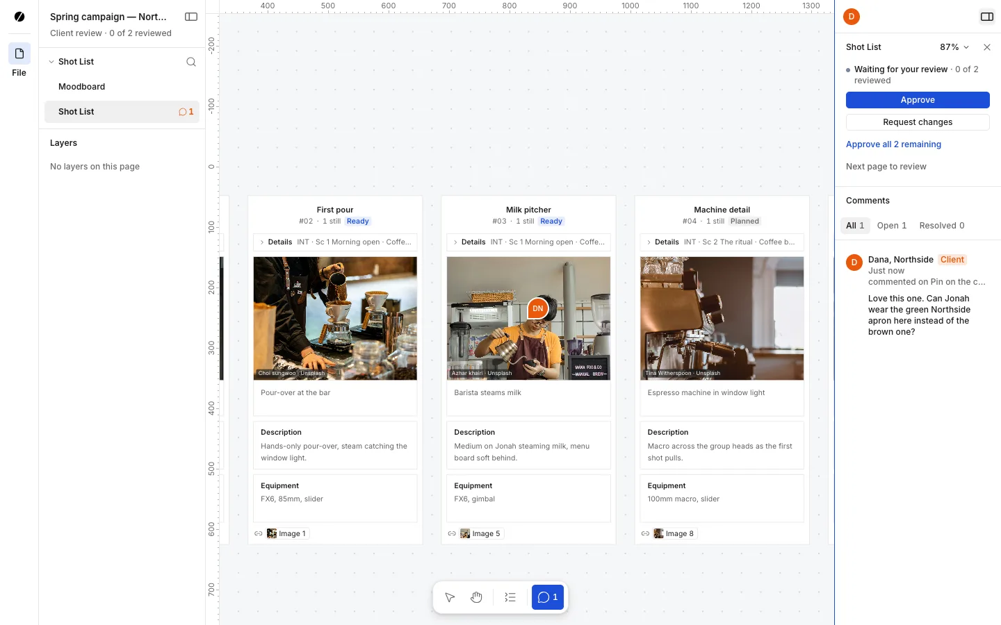 Nugo client review without an account: the guest Dana, Northside has pinned a comment on a shot asking for a different apron, and the review panel shows Approve and Request changes for the shot list.