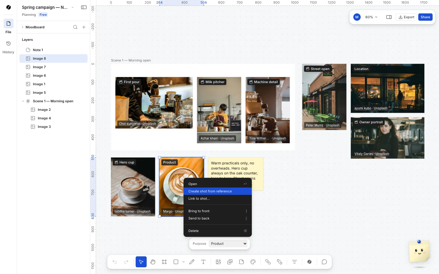 Nugo moodboard for a coffee brand commercial: Unsplash references tagged Location and Product, a Scene 1 frame with images already linked to shots, a sticky note on lighting, and the right-click menu open on Create shot from reference.