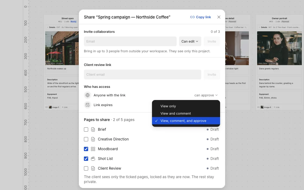 Nugo share dialog for a client review link: access options View only, View and comment, and View, comment, and approve, a link expiry setting, and the moodboard and shot list picked as the pages to share.