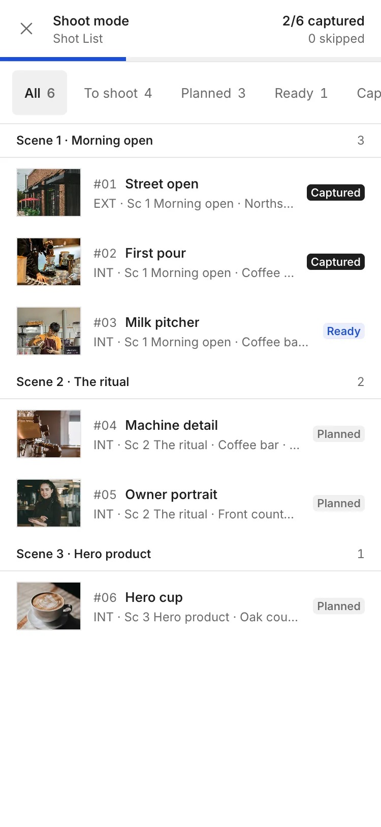 Nugo Shoot Mode on a phone: 2 of 6 shots captured, shots grouped by scene with reference thumbnails, and Captured, Ready and Planned badges.